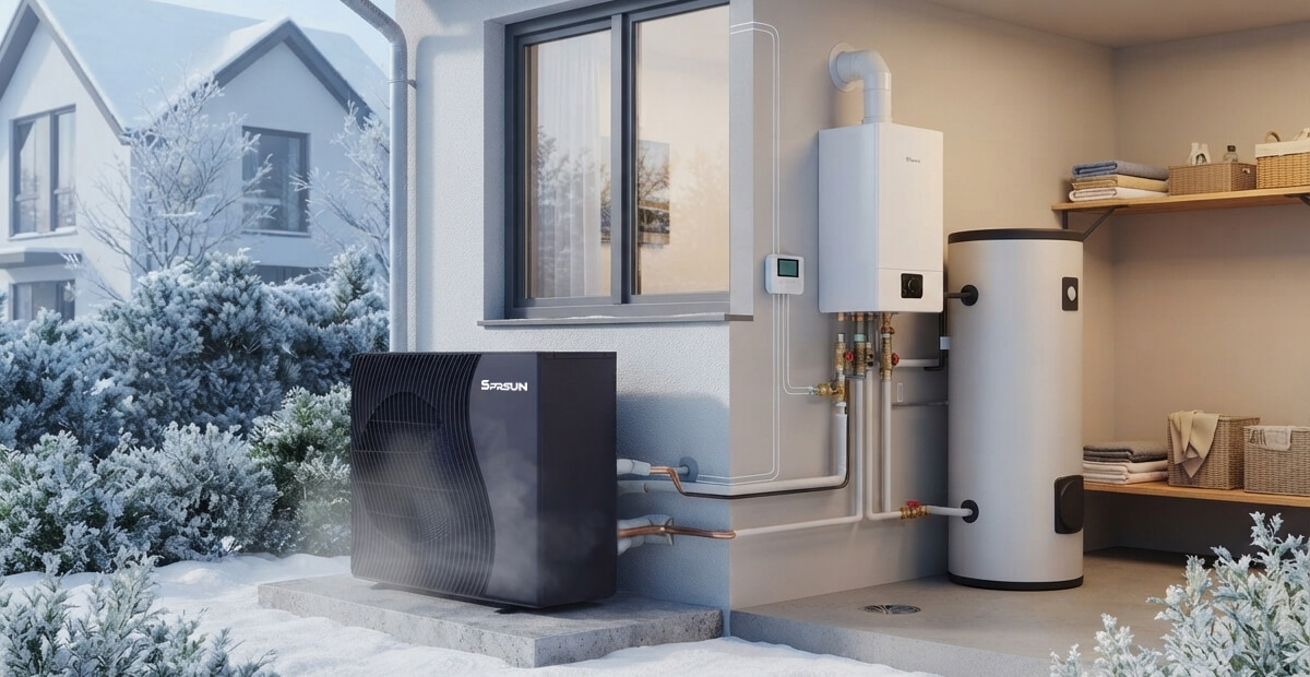 Diagram of heat pump and boiler in parallel hybrid operation, showing piping connections and intelligent backup heating logic Schema di pompa di calore e caldaia in funzionamento ibrido in parallelo, con indicazione dei collegamenti delle tubazioni e della logica intelligente del riscaldamento integrativo