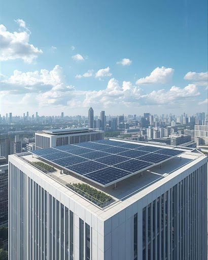 Edificio commerciale con pannelli solari in perovskite